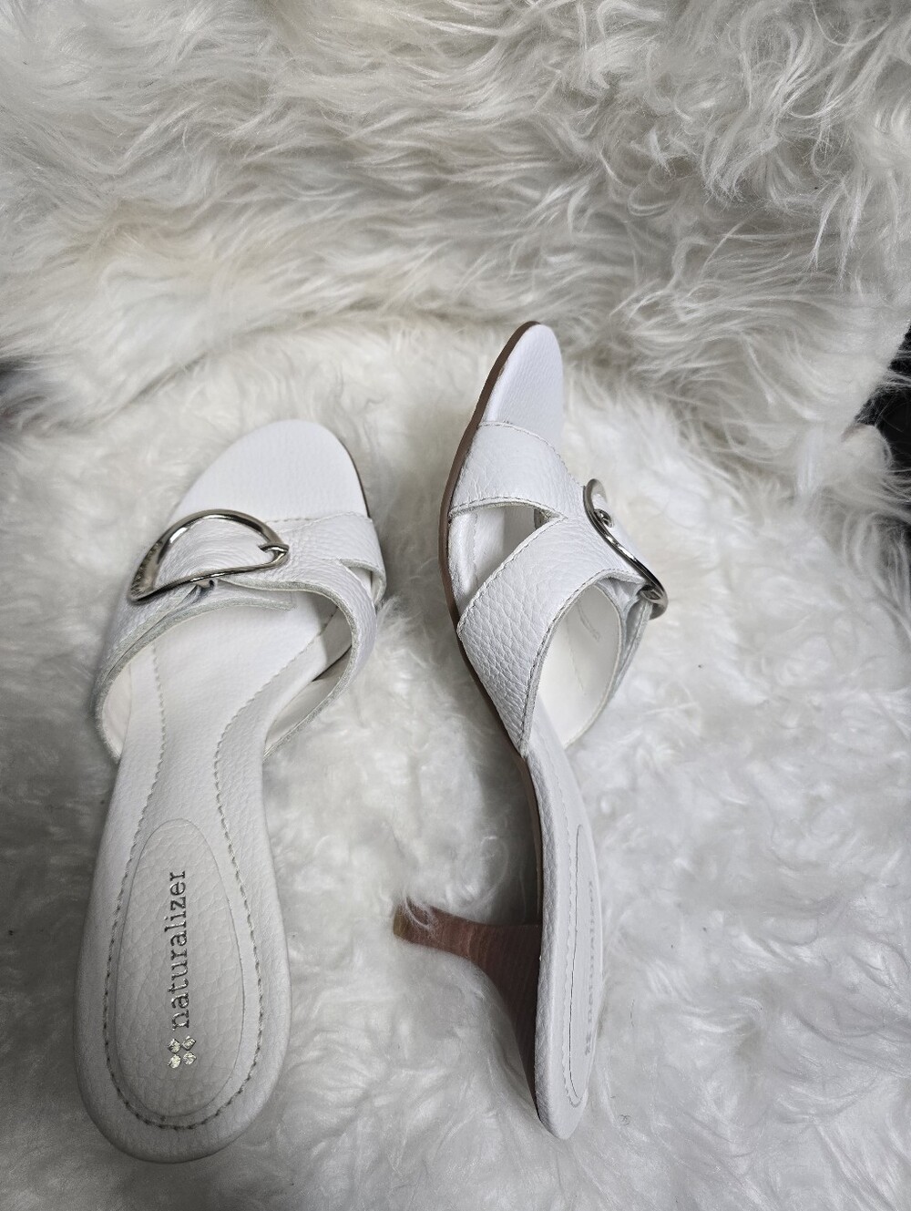Naturalizer White Leather Buckle Mid-Heel Slide Mules